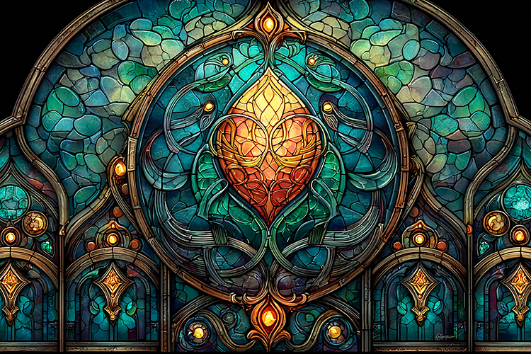 A vibrant stained glass window with a flower design