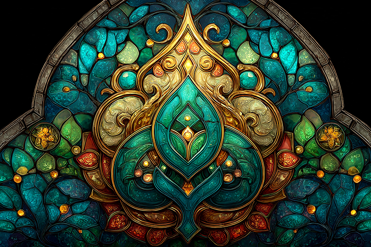 A vibrant and intricate stained glass artwork featuring