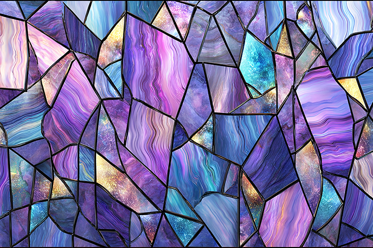 A colorful mosaic artwork with purple and blue hues