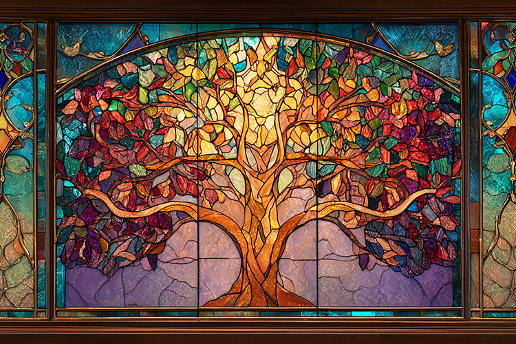 A vibrant stained glass window depicting a tree