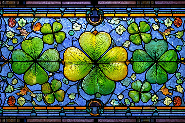 A vibrant stained glass window featuring colorful shamrocks