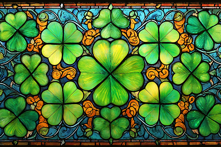 A vibrant stained glass window featuring a colorful shamrock