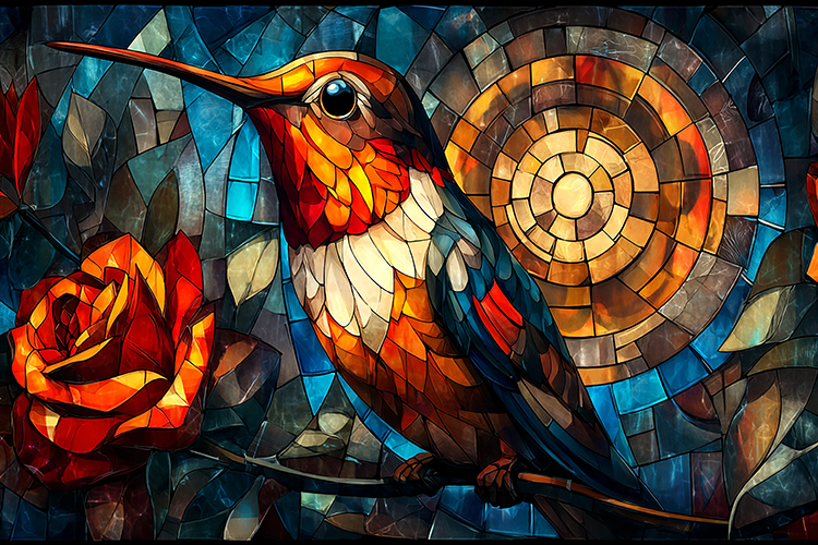 A vibrant mosaic artwork of a hummingbird perched on a rose