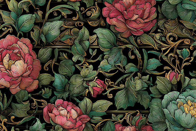 A vibrant floral pattern with colorful flowers and leaves