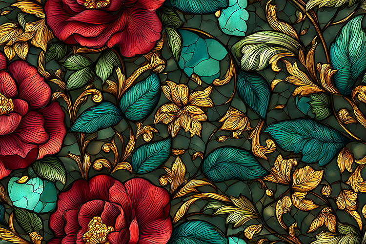 A vibrant floral pattern with red roses and green leaves