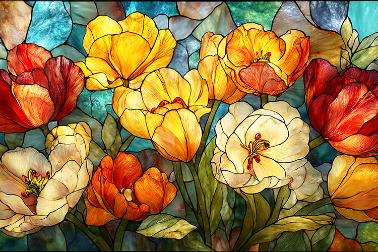 A vibrant stained glass artwork of colorful tulips in full