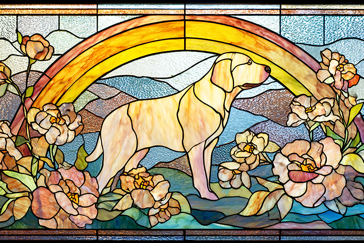 A stained glass artwork of a dog under a rainbow with flower
