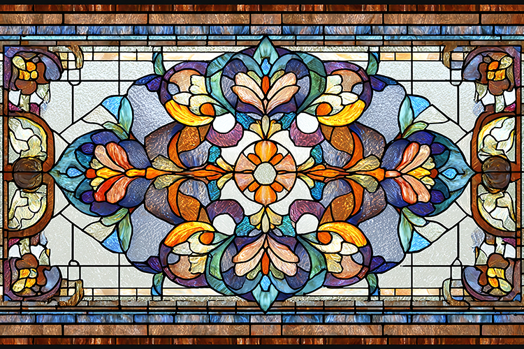 A colorful stained glass window with intricate floral design
