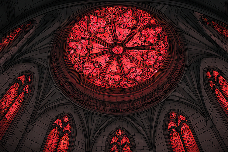 The interior of a historic church with a large stained glass