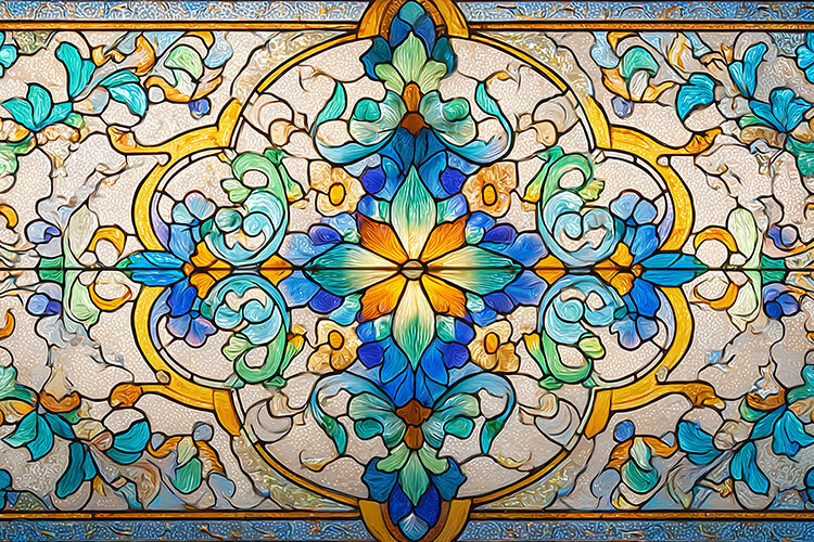 A vibrant stained glass window with intricate (6562144)