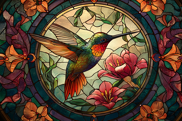 A colorful stained glass window depicting a hummingbird