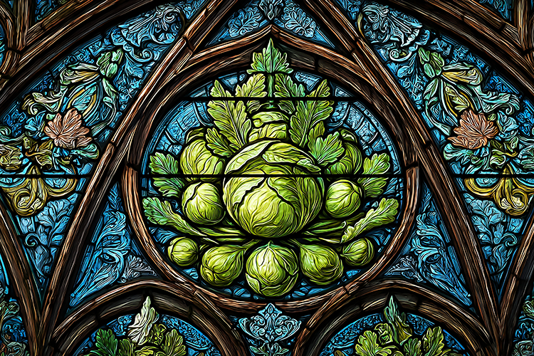 A stained glass window depicting a vibrant artichoke