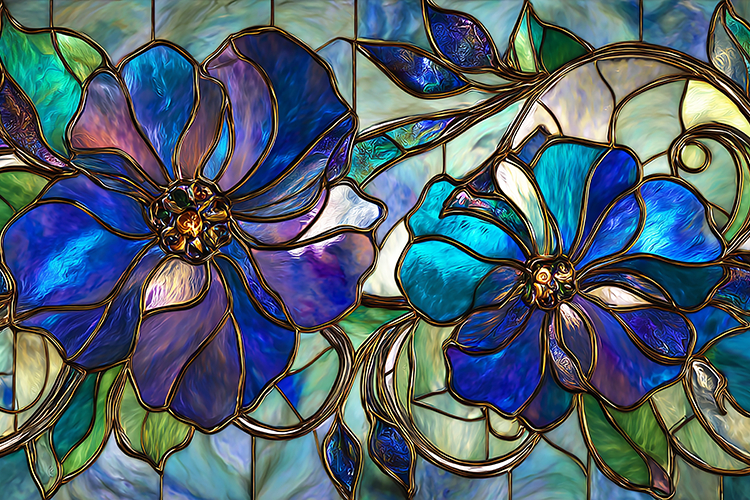 A beautiful stained glass window with blue flowers and green