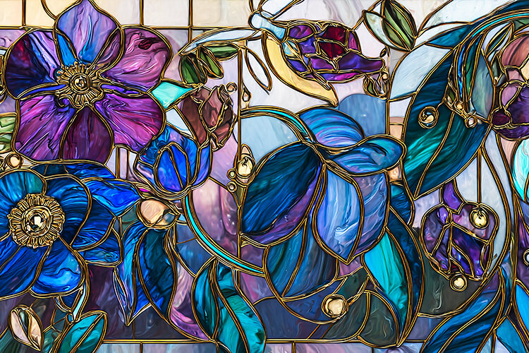 A stained glass window with colorful flowers and (6564169)