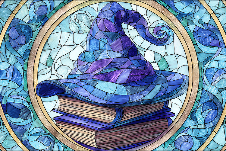 A stained glass artwork of a wizards hat on top of books