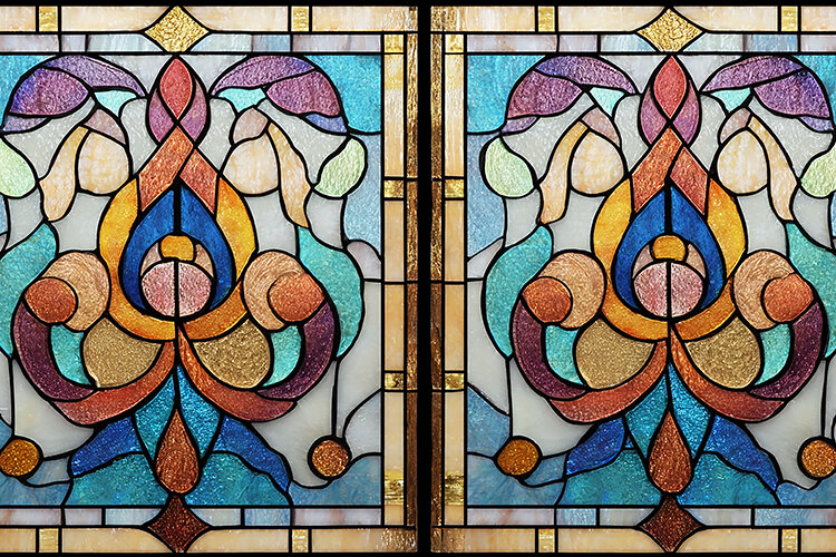 A pair of colorful stained glass windows with intricate