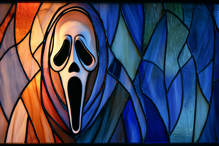 A stained glass artwork depicting a ghostface mask
