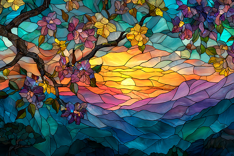 A stained glass artwork depicting a vibrant sunset through
