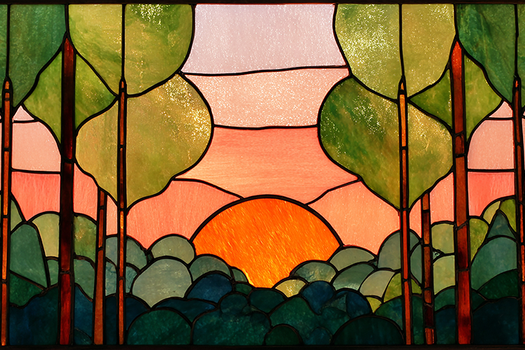 A stained glass artwork depicting a serene sunset through
