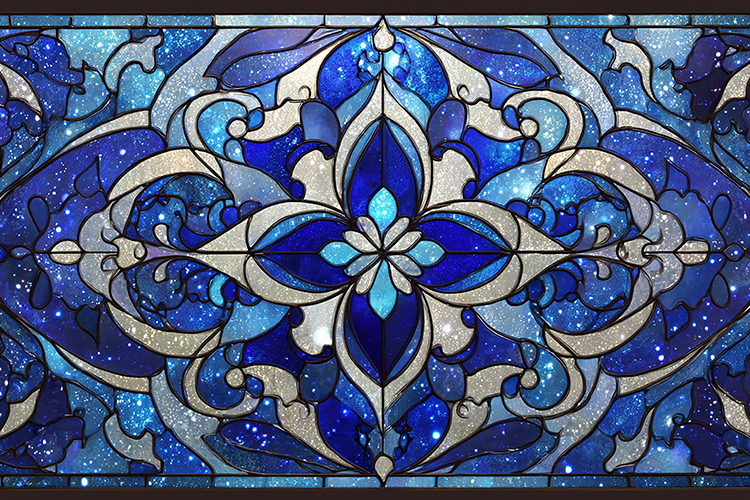 A beautiful stained glass window with intricate blue
