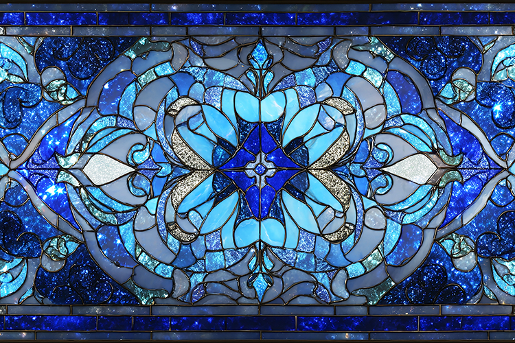 A stunning blue stained glass window with intricate floral