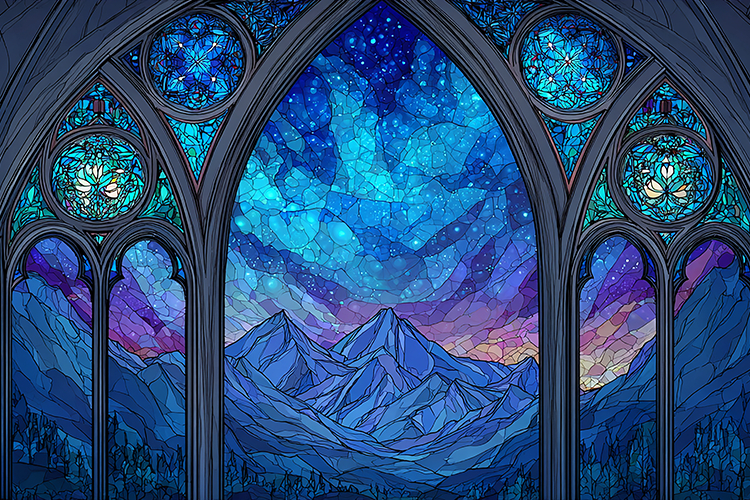 A stained glass window depicting a mountain landscape under