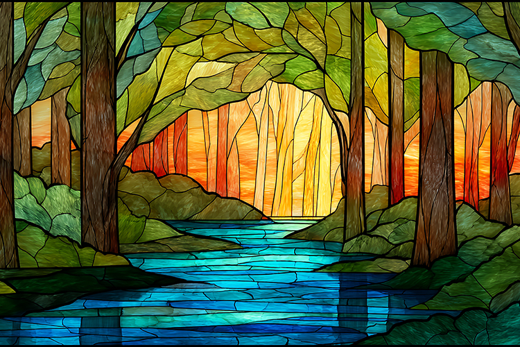 A stained glass artwork depicting a serene forest landscape