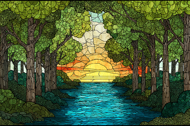 A vibrant stained glass artwork depicting a serene forest