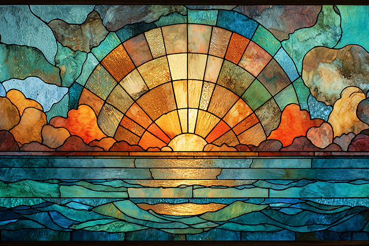 A stained glass artwork depicting a serene sunset over