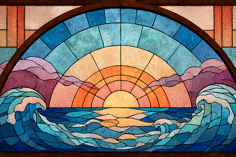 A stained glass artwork depicting a vibrant sunset