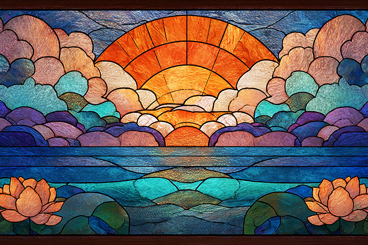 A stained glass artwork depicting a serene sunset