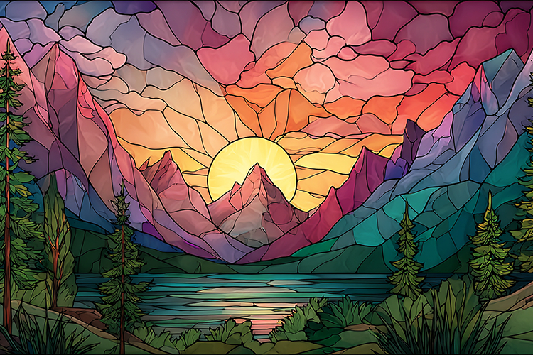 A vibrant stained glass artwork depicting a serene mountain