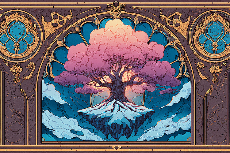 A vibrant pink tree stands on a cliff surrounded by clouds