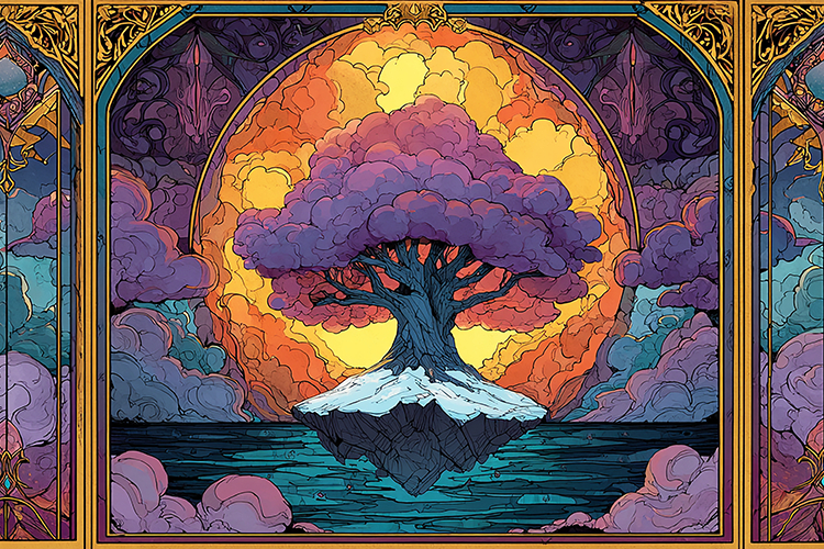 A vibrant illustration of a tree on an island