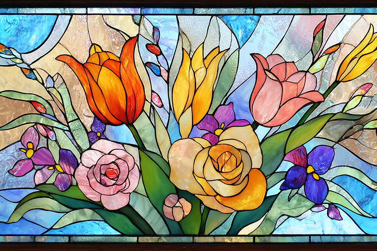 A vibrant stained glass window with colorful flowers