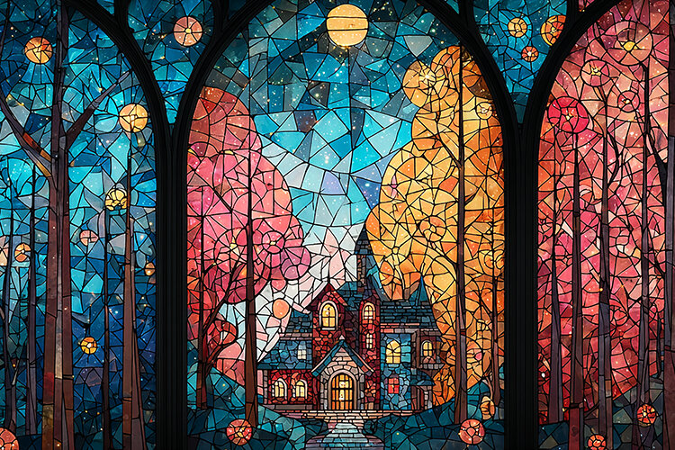 A colorful stained glass window depicting a house