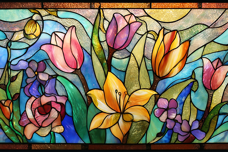 A vibrant stained glass window with colorful flowers