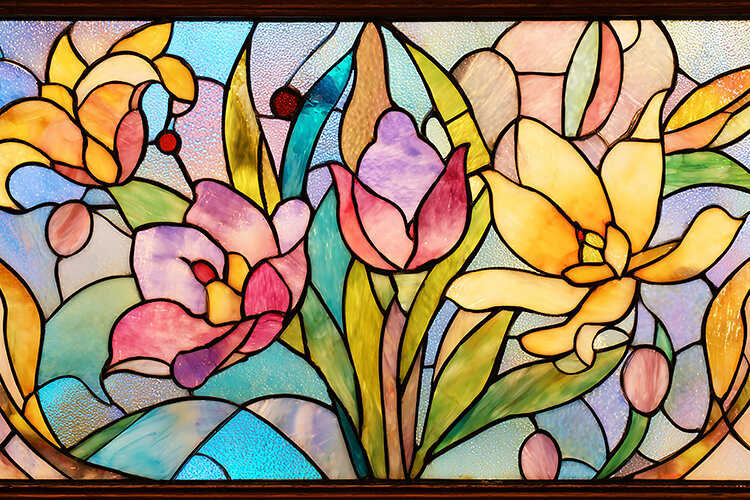 A colorful stained glass window with flowers
