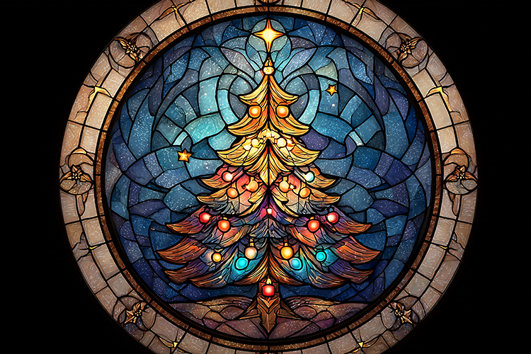 A stained glass window depicting a Christmas tree