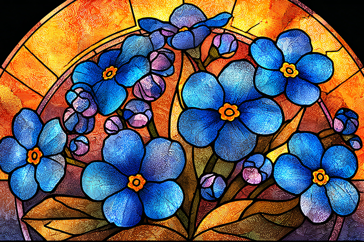 A stained glass window with blue flowers and yellow center