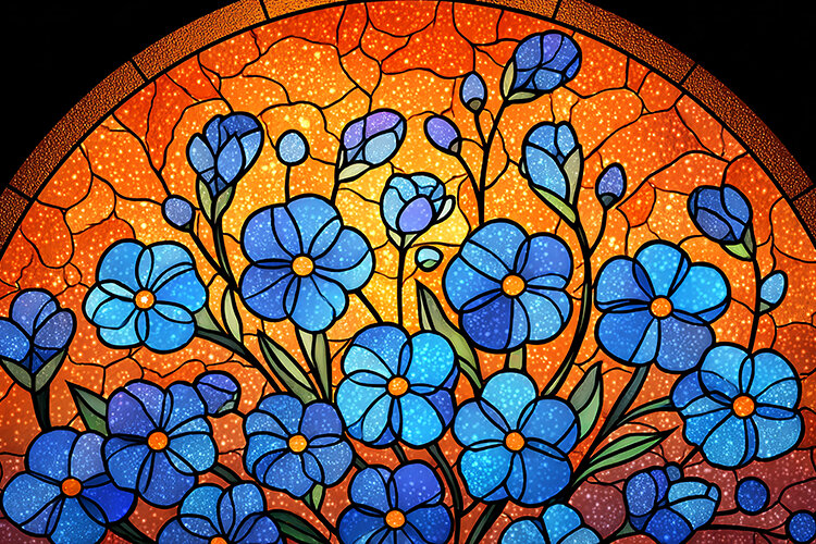 A vibrant stained glass window with blue flowers