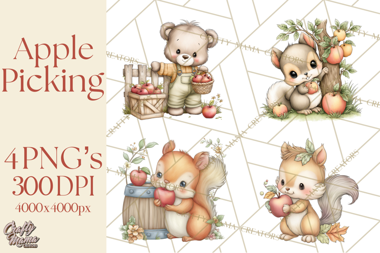Watercolor Apple Orchard Animal PNG Clipart, Fall Png