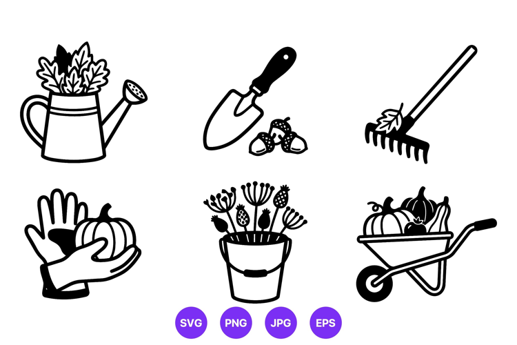 Black And White Garden Tools Line Art