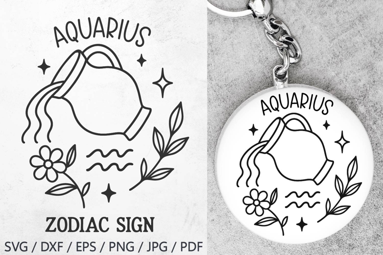 Aquarius Zodiac Sign SVG – cute aquarius illustration with floral details and stars. Perfect for astrology t-shirts, mugs, tote bags, keychains, zodiac stickers, planners, posters, invitations, horoscope crafts, and birthday gifts.