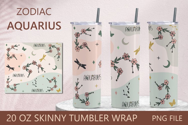 Zodiac tumbler, Aquarius symbol, 20 oz skinny tumbler wrap