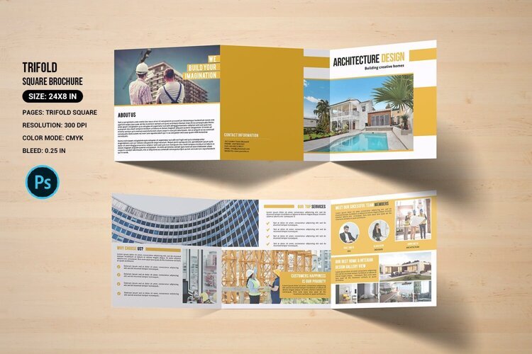 Professional architecture trifold brochure template for construction companies, architects, interior designers, and property development businesses.
