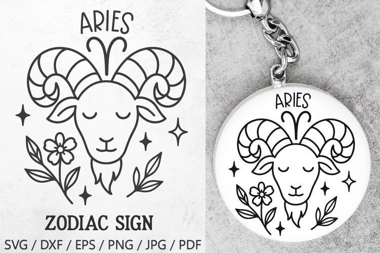 Aries Zodiac Sign SVG – mystical and cute ram with floral elements and stars. Perfect for astrology t-shirts, mugs, tote bags, stickers, planners, posters, birthday gifts, invitations, and horoscope projects.