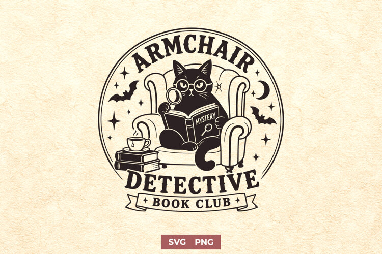 Armchair Detective Book Club SVG, Cozy Mystery Black Cat PNG example image 1