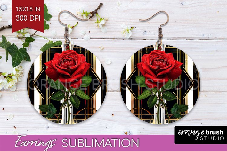Vintage Flowers Round Earrings - Art Deco PNG Sublimation