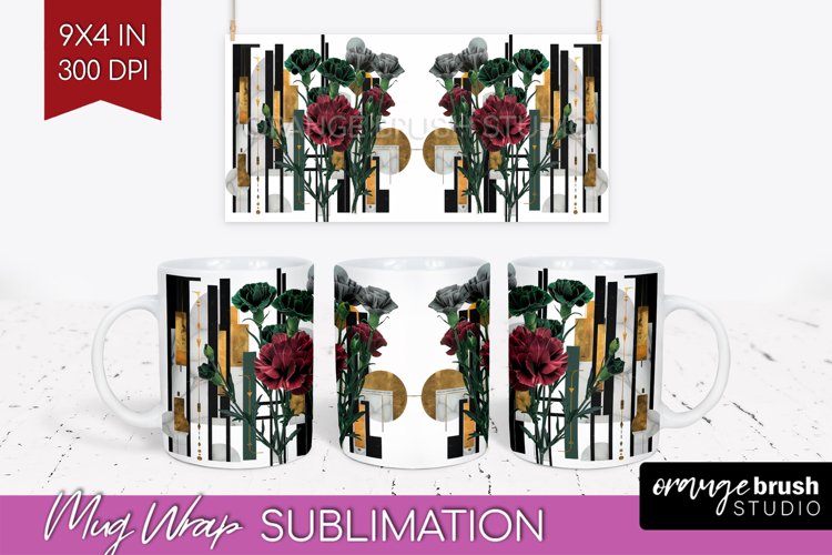 Vintage Flowers Mug Wrap - Art Deco Mug PNG Sublimation